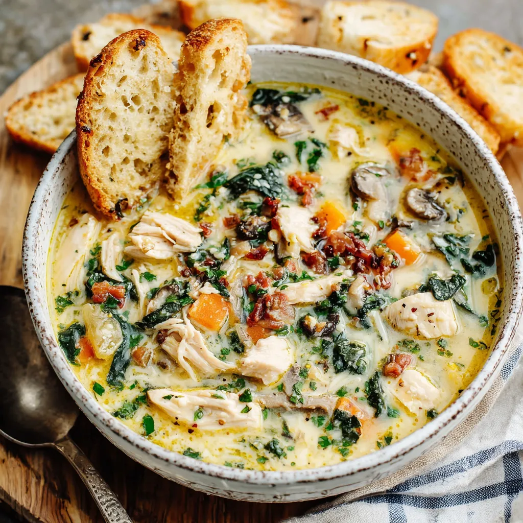 Close-up of a hearty bowl of Rustic Tuscan Chicken Soup, showcasing the rustic textures and vibrant colors of the ingredients.