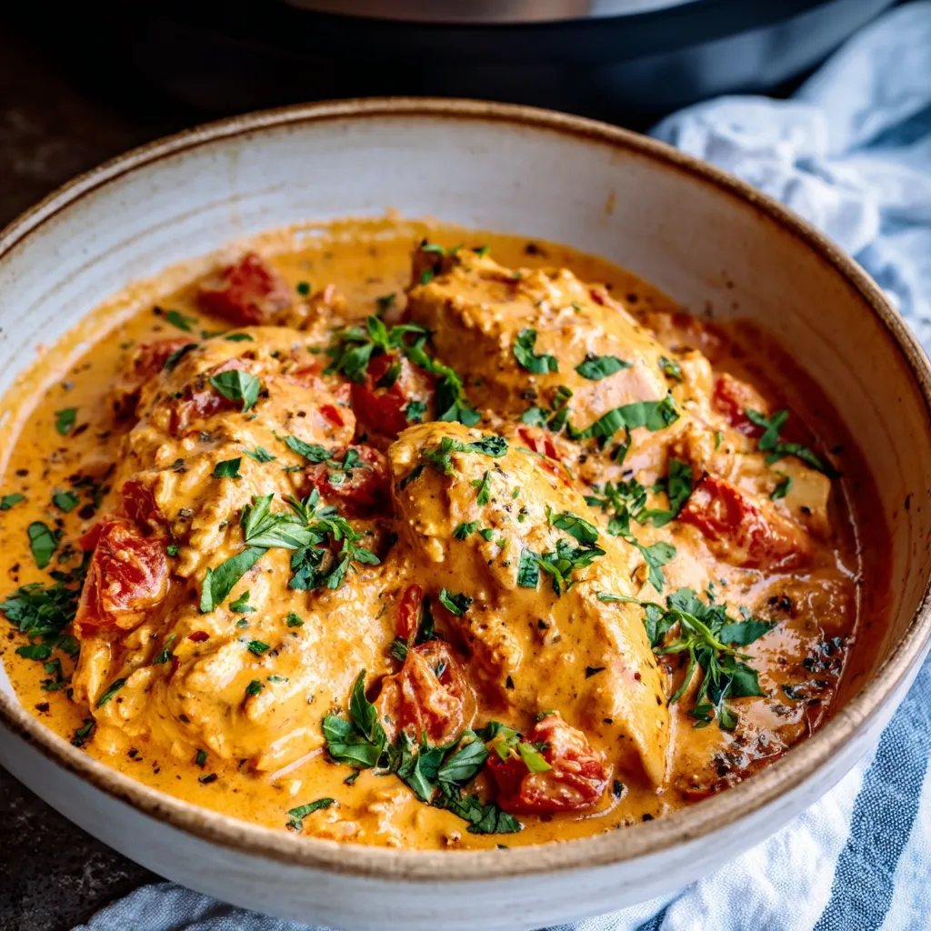 Creamy Slow Cooker Creamy Tomato Basil Chicken simmers in a slow cooker, showcasing a delicious and easy dinner recipe.