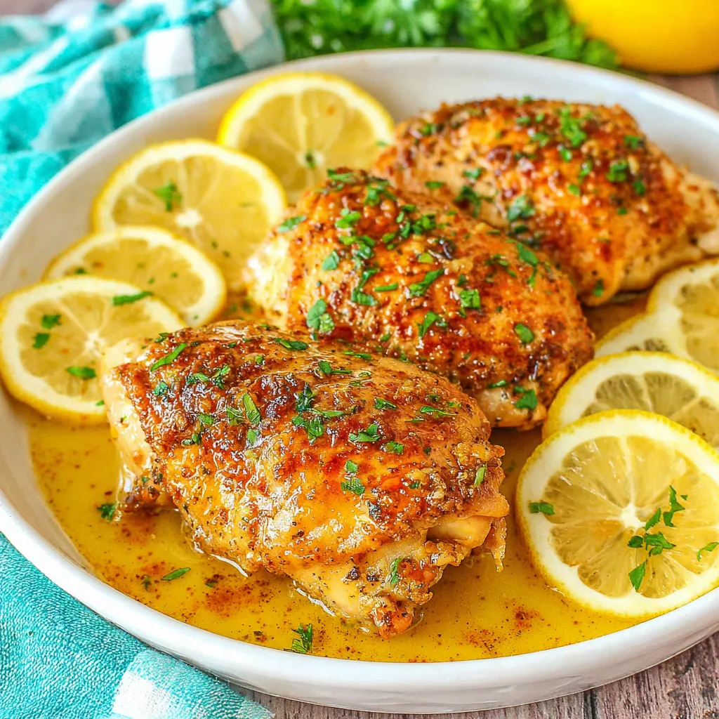 Close-up of Slow Cooker Lemon Garlic Chicken showing juicy chicken thighs and flavorful lemon garlic sauce.