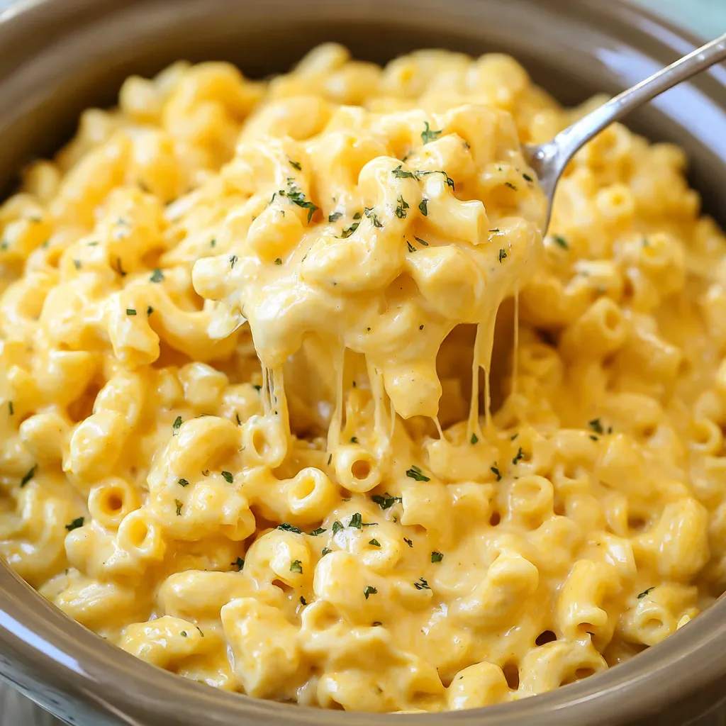 Creamy Slow Cooker Mac And Cheese is shown in a serving dish, ready to be enjoyed.