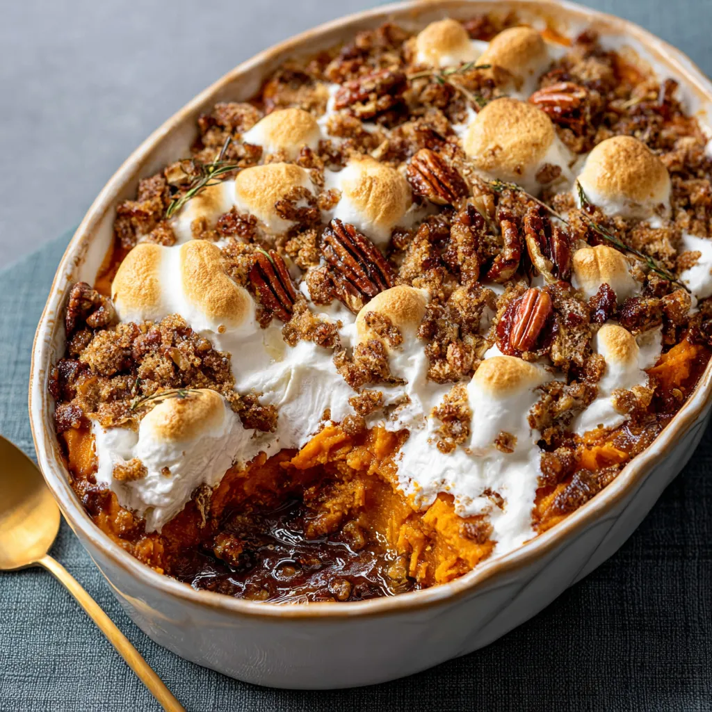 Close-up view of a freshly baked Southern Maple Sweet Potato Casserole, showcasing its golden-brown topping and creamy sweet potato filling.