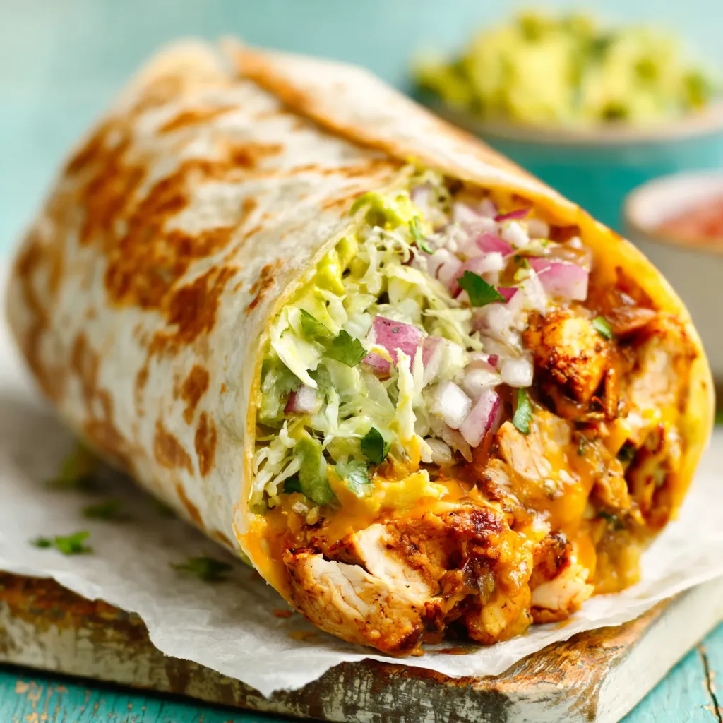 Close-up shot of a delicious Spicy Chicken Burrito, showcasing its vibrant ingredients and spicy flavors.