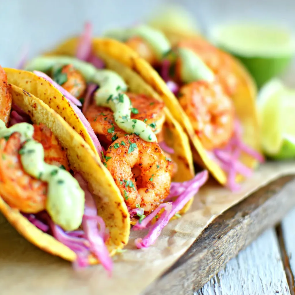 A close-up shot showcases delicious Spicy Shrimp Tacos, ready to be enjoyed.