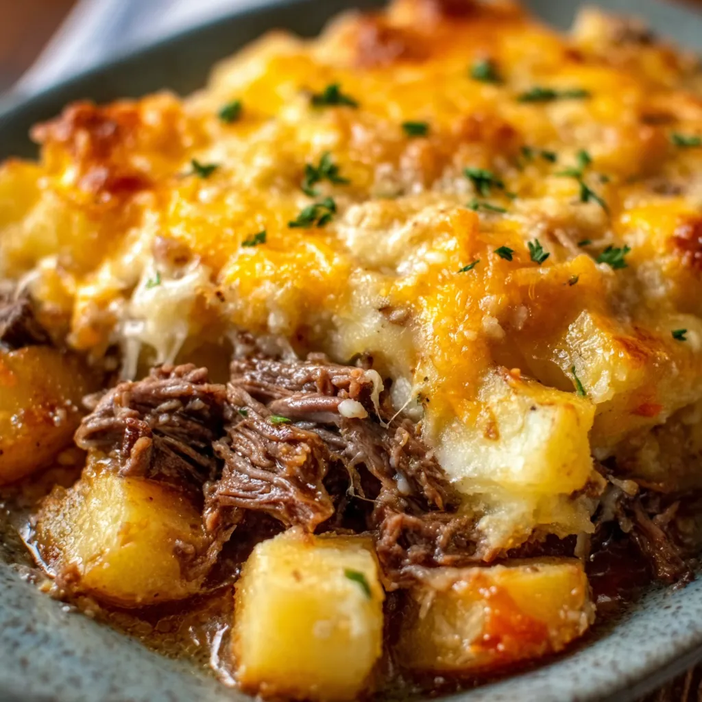 Close-up of a freshly baked Steak Cheddar Potato Casserole, showcasing its golden-brown cheesy topping and savory steak filling.