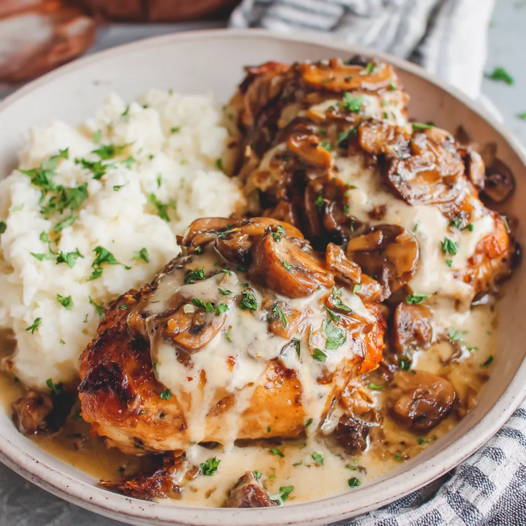 A close-up shot showcases the delicious Texas Roadhouse Smothered Chicken, covered in savory toppings.