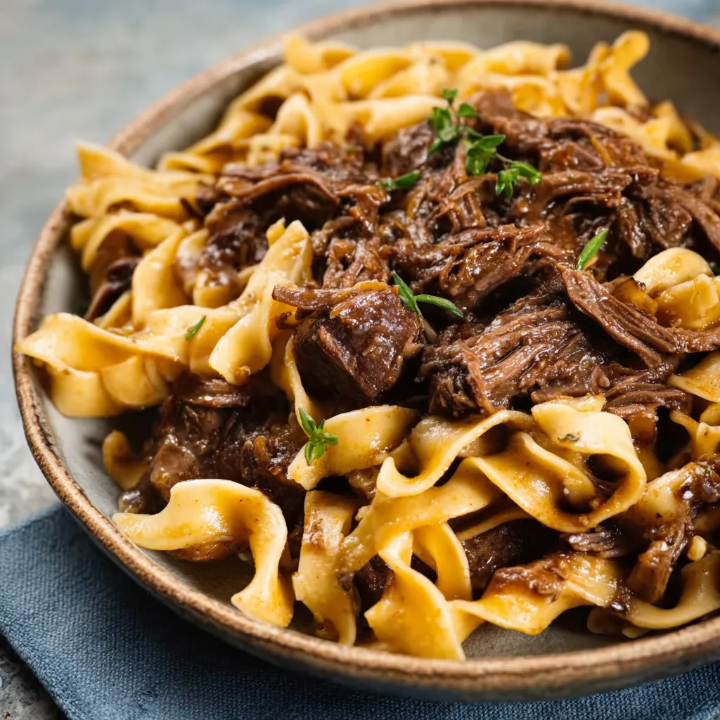 A close-up shot of delicious Beef And Noodles, showcasing the tender beef and perfectly cooked noodles.