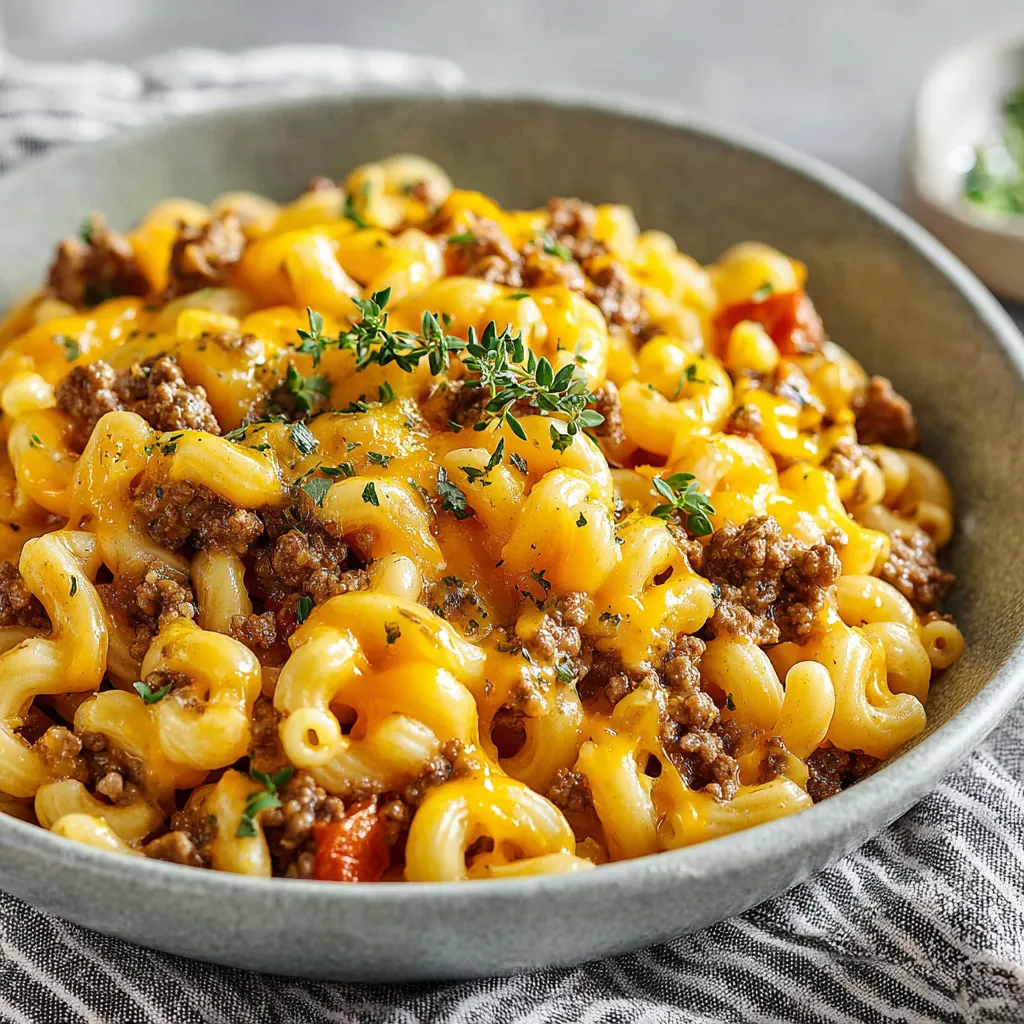 A close-up shot of a freshly made serving of Cheeseburger Macaroni, showcasing the creamy sauce and browned ground beef.