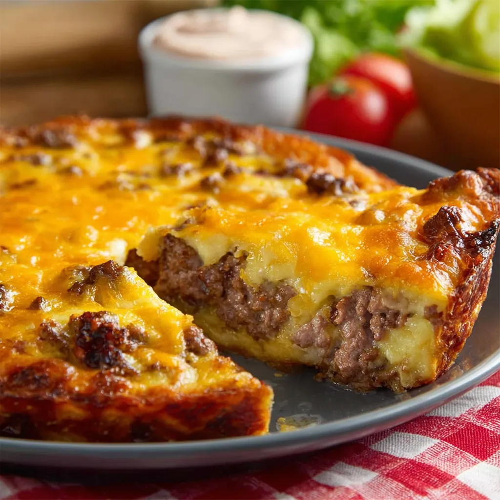 A closer view of a freshly baked Cheeseburger Pie, showcasing its bubbly cheese topping and savory filling.