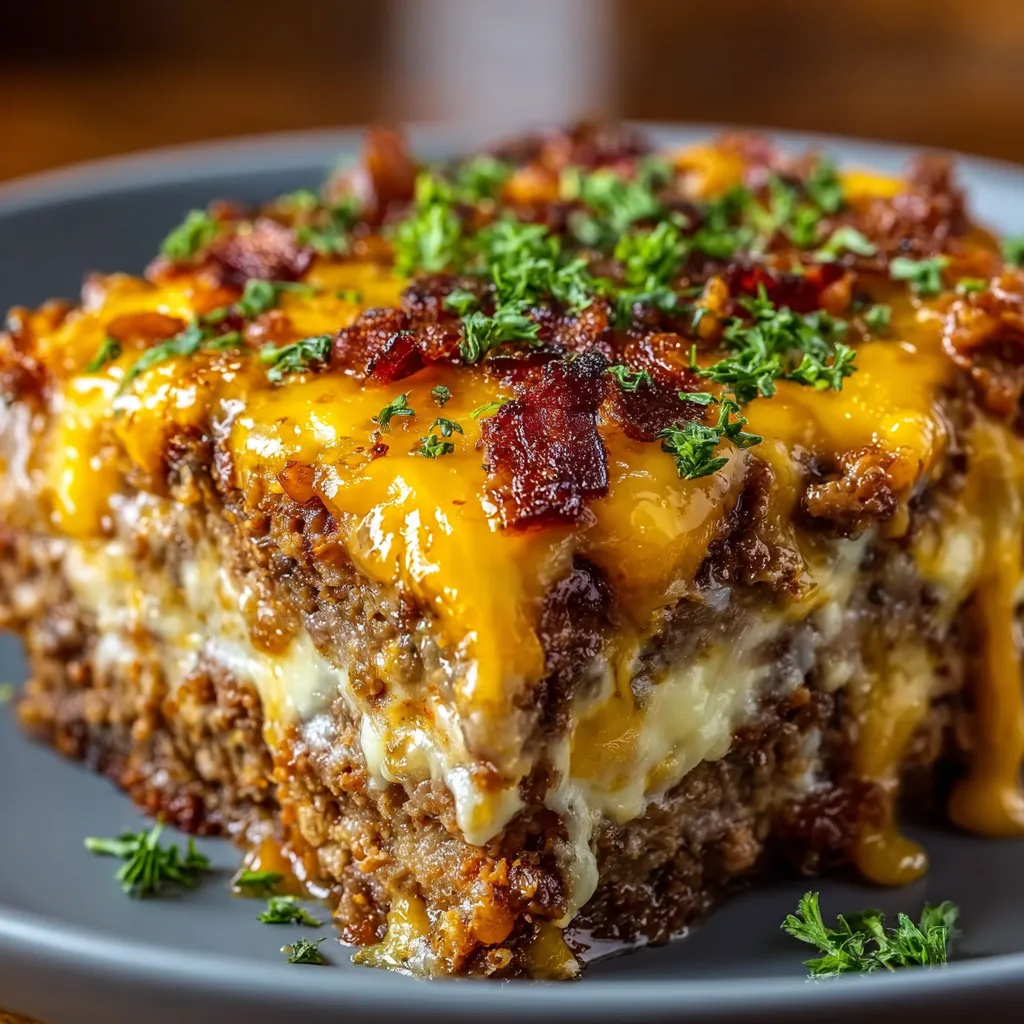 Close-up of a freshly baked Cheesy Loaded Meatloaf Casserole, showcasing the melted cheese and savory meatloaf filling.