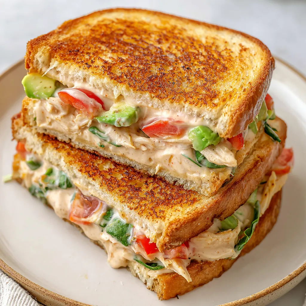 Close-up view of a delicious Chicken Avocado Melt Sandwich, showcasing the melted cheese and creamy avocado filling.