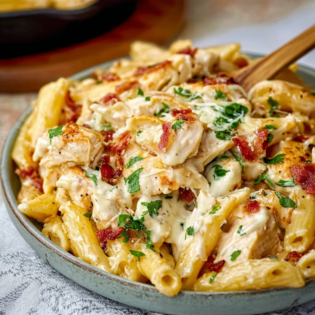 Close-up view of creamy and delicious Crack Chicken Penne, showcasing the cheesy, bacon-filled pasta dish.