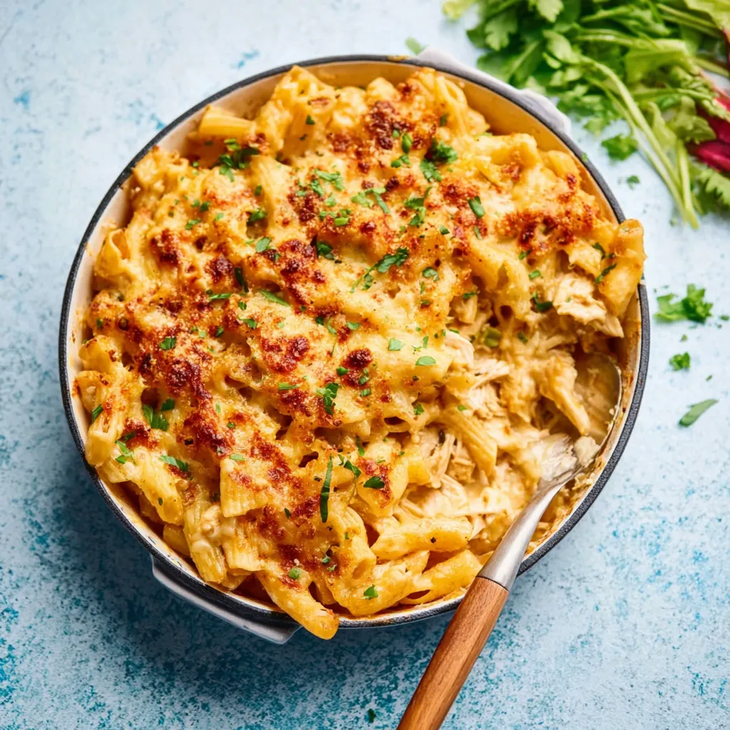 A close-up view of a freshly baked Creamy Cheesy Chicken Pasta Bake reveals its golden-brown, bubbly topping.