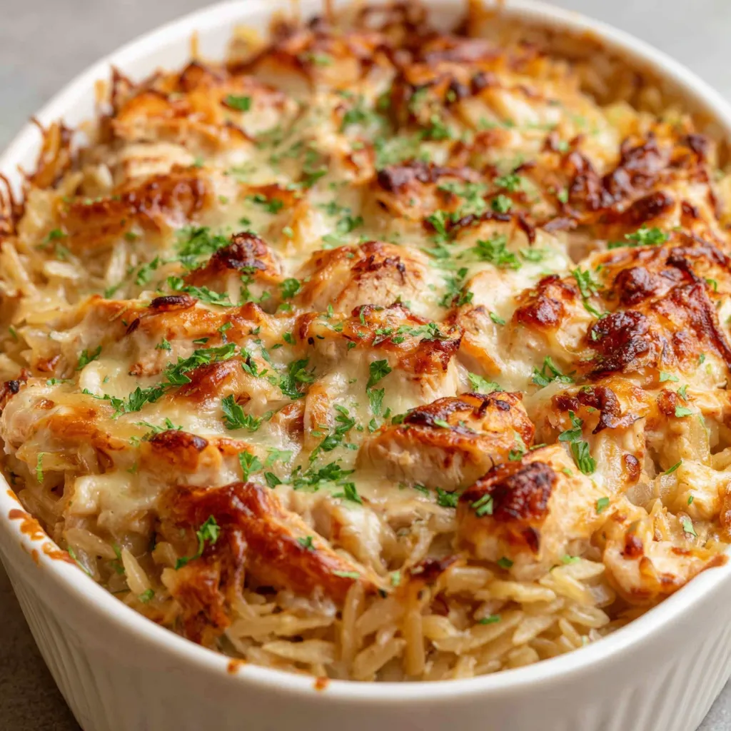 Close-up showing the creamy, cheesy texture of the prepared French Onion Chicken Orzo Bake.