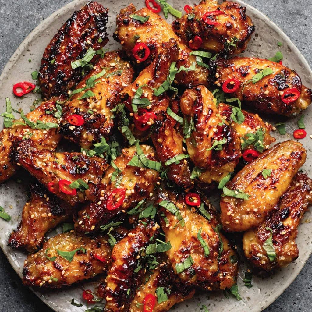 Close-up shot of juicy Pineapple-Teriyaki Chicken Wings, showcasing the glaze and sesame seed garnish.