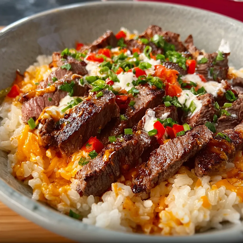 A close-up shot showcasing a delicious serving of Queso Rice With Steak, highlighting the creamy queso sauce and perfectly cooked steak.