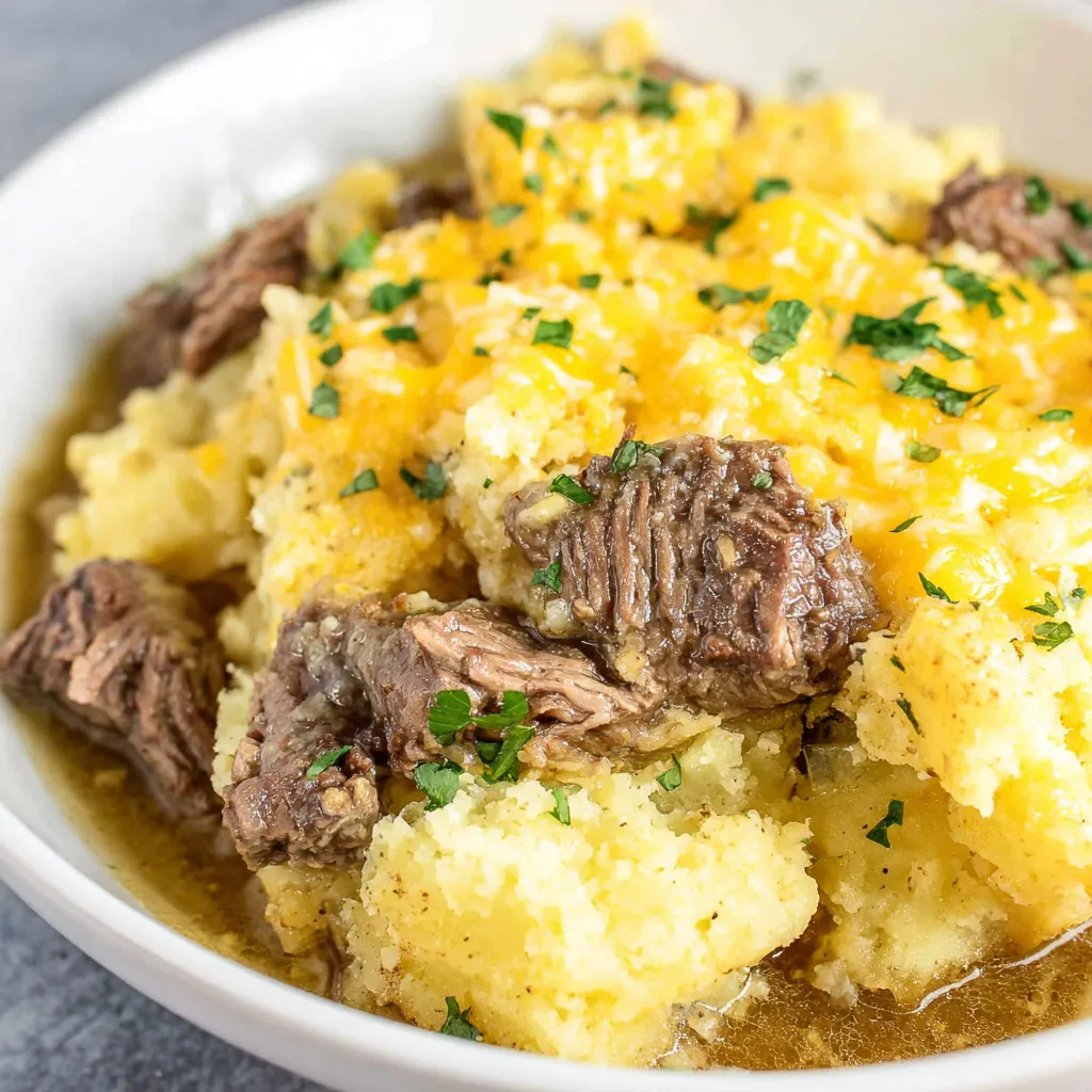 Close-up of a delicious, cheesy Steak And Cheddar Potato Casserole, showcasing the layers of steak, potatoes, and melted cheddar.