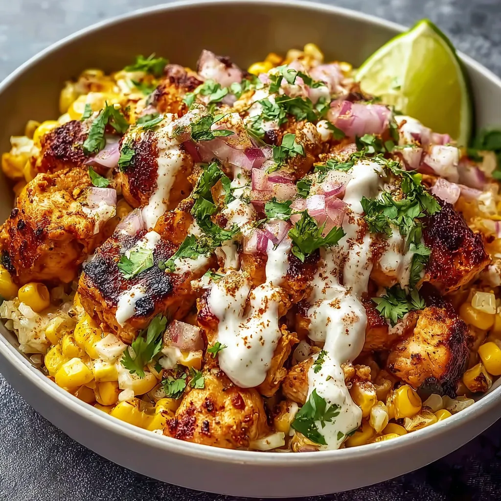 Close-up shot of a delicious Street Corn Chicken Bowl showcasing its vibrant ingredients.
