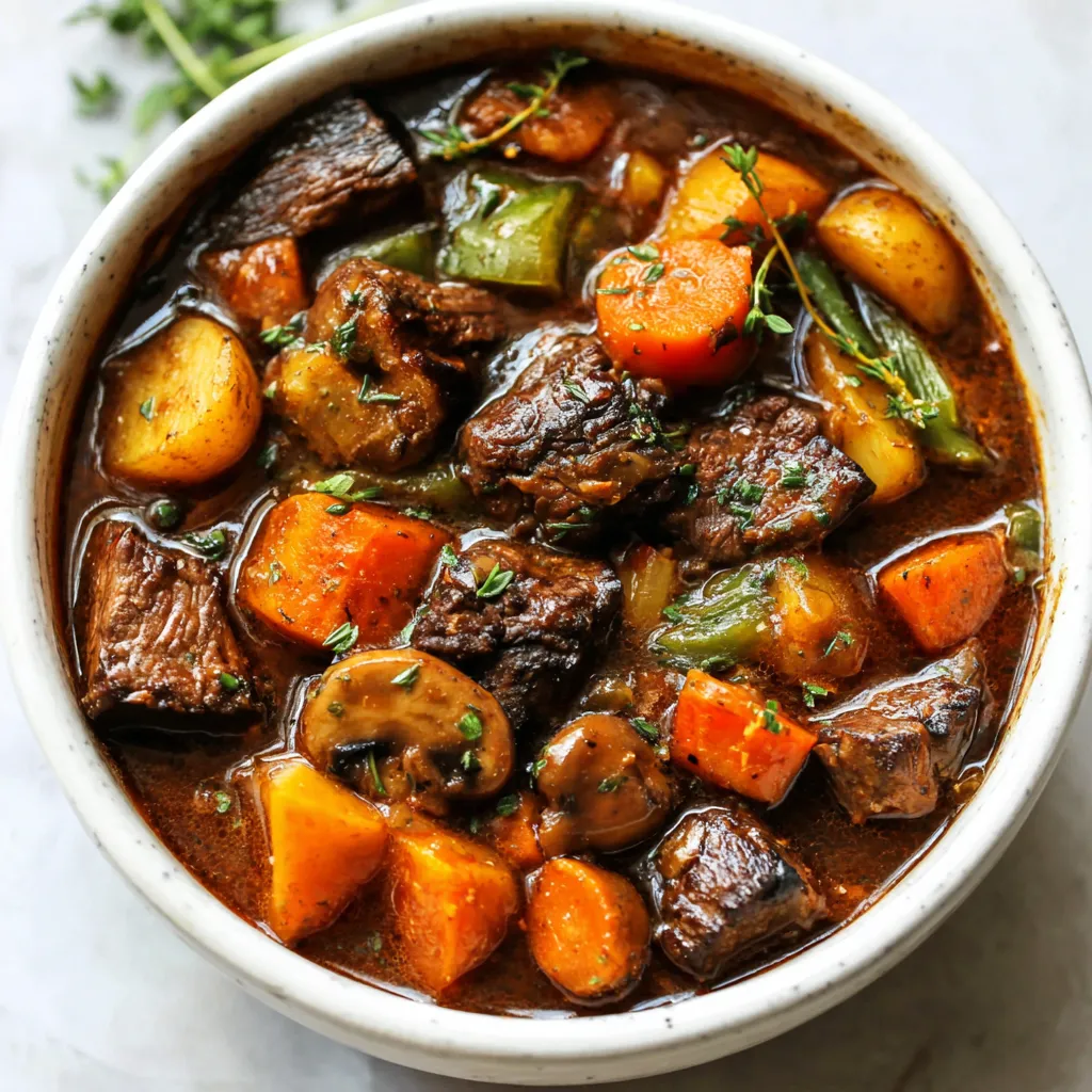 Close-up of the hearty Witch's Cauldron Beef Stew simmering with vegetables and herbs.