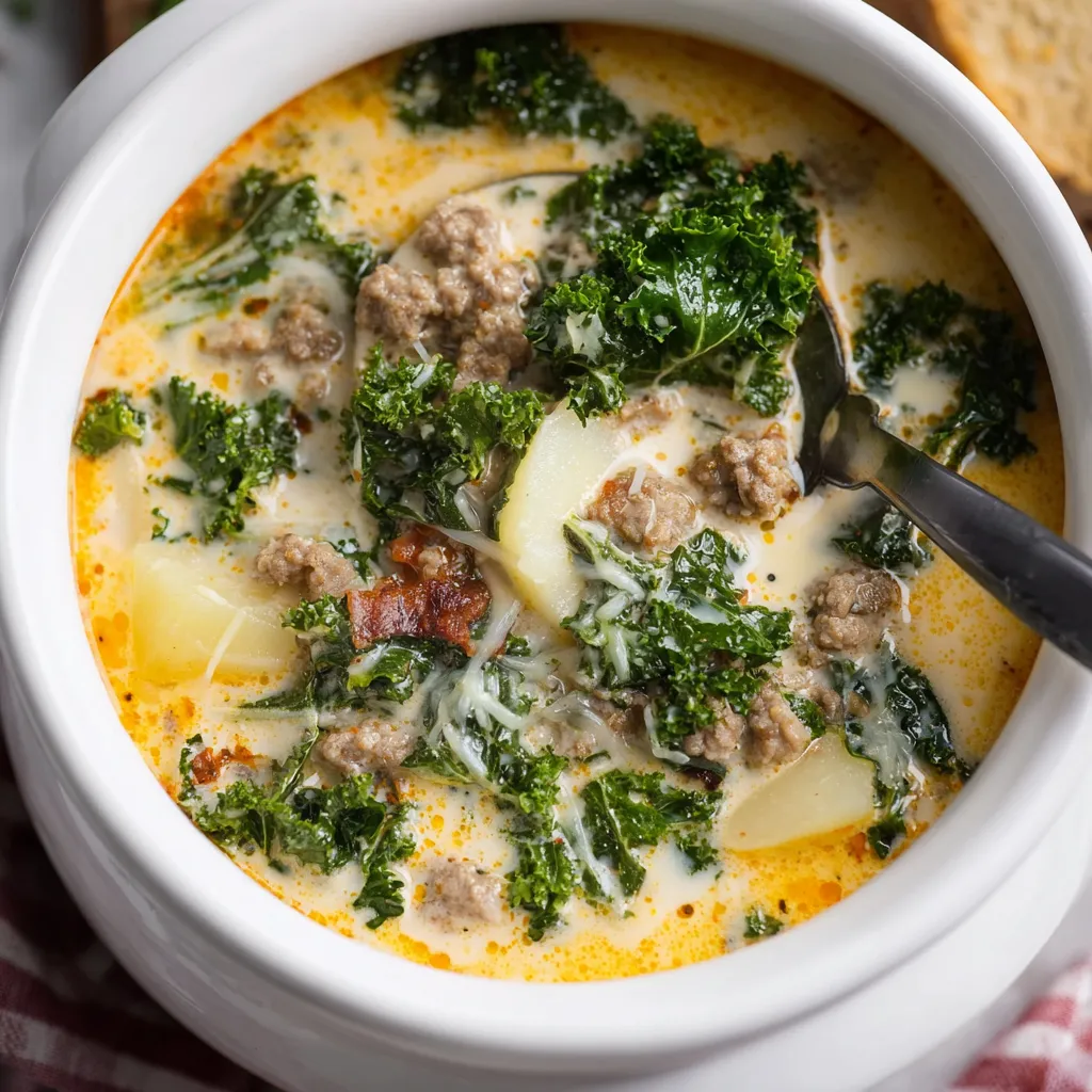 A close-up shot of a bowl of creamy Zuppa Toscana with sausage, kale, and potatoes, showcasing its rich texture.