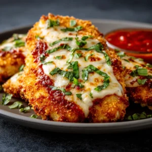 AIR FRYER CHICKEN PARMESAN PERFECT 2 Air Fryer Chicken Parmesan, golden brown and topped with melted mozzarella cheese, showcases a delicious and easy weeknight meal.