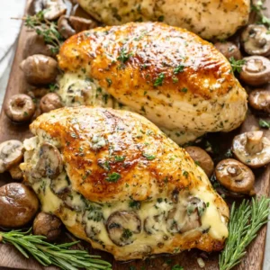 AMAZING CHICKEN BREASTS STUFFED WITH GARLIC BUTTER MUSHROOMS 2 A close-up shows juicy Chicken Breasts Stuffed with Garlic Butter Mushrooms, ready to be served as a delicious and flavorful meal.