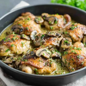 AMAZING CREAMY KETO SKILLET CHICKEN THIGHS WITH MUSHROOM SAUCE 2 Creamy Keto Skillet Chicken Thighs With Mushroom Sauce, a delicious and easy low-carb dinner, are shown as the featured image.