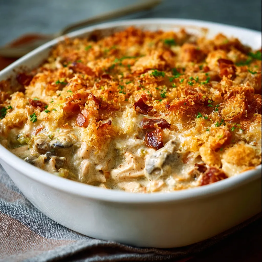 AMAZING MILLION DOLLAR CHICKEN CASSEROLE 1 A delectable close-up shot showcases the creamy, cheesy perfection of the Million Dollar Chicken Casserole, making it an irresistible featured image.