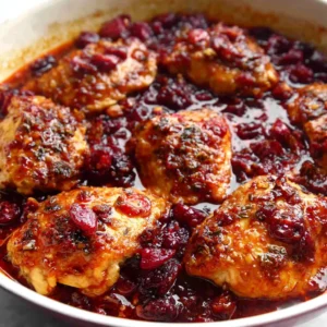 AMAZING SKILLET CRANBERRY ORANGE CHICKEN 2 Skillet Cranberry Orange Chicken is beautifully displayed in a skillet, ready to be served as a delicious and easy meal.
