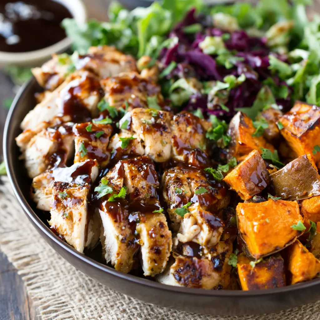 BBQ CHICKEN SWEET POTATO BOWL ULTIMATE 1 A vibrant BBQ Chicken Sweet Potato Bowl featuring grilled chicken, roasted sweet potatoes, and colorful toppings is shown.