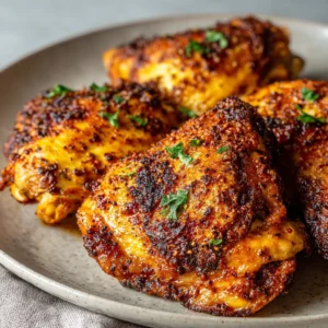 BEST AIR FRYER BONELESS CHICKEN THIGHS 2 Air Fryer Boneless Chicken Thighs are shown cooked to a golden brown and arranged on a plate, ready to serve.