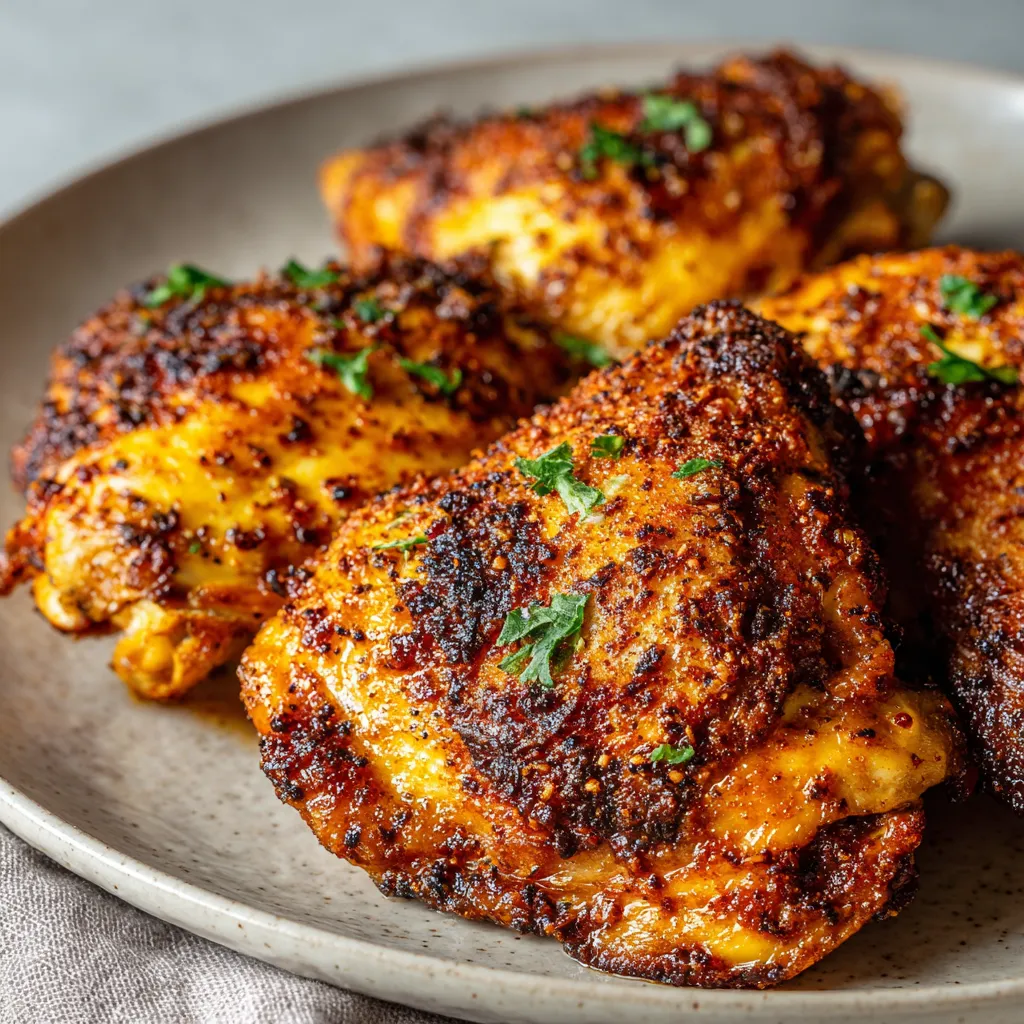 BEST AIR FRYER BONELESS CHICKEN THIGHS 1 Air Fryer Boneless Chicken Thighs are shown cooked to a golden brown and arranged on a plate, ready to serve.
