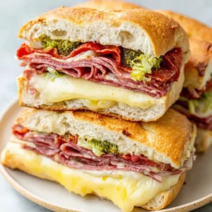 BEST BAKED ITALIAN GRINDER SANDWICHES 2 A close-up showcases the deliciousness of Baked Italian Grinder Sandwiches, highlighting melted cheese, savory meats, and a toasted bun.