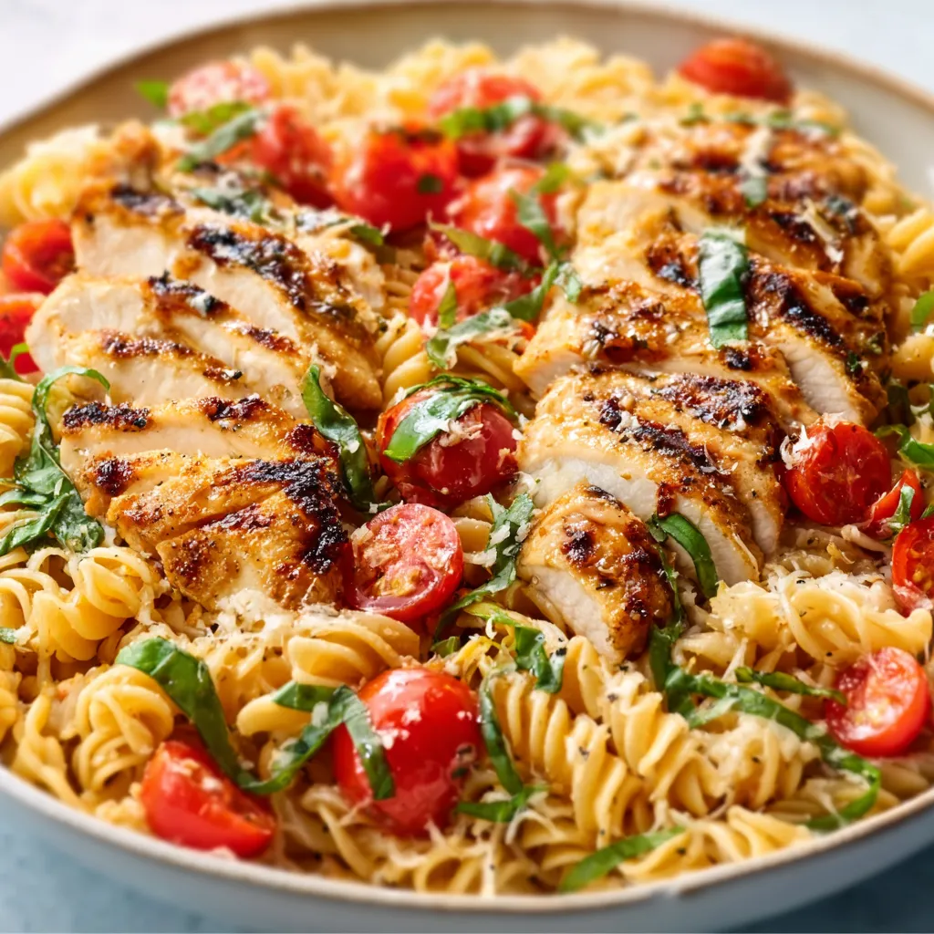 BEST BRUSCHETTA CHICKEN PASTA 1 A delicious serving of Bruschetta Chicken Pasta is showcased as the featured image for the recipe article.