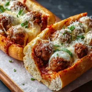 BEST CHEESY MEATBALL SUBS EVER 2 A close-up shot showcasing mouthwatering Cheesy Meatball Subs, piled high with melted cheese and savory meatballs.