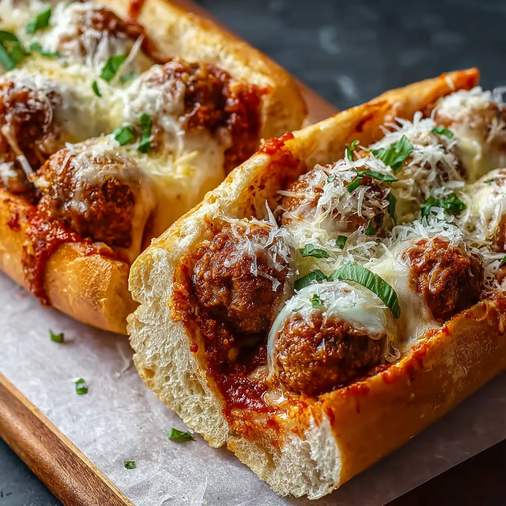 BEST CHEESY MEATBALL SUBS EVER 1 A close-up shot showcasing mouthwatering Cheesy Meatball Subs, piled high with melted cheese and savory meatballs.