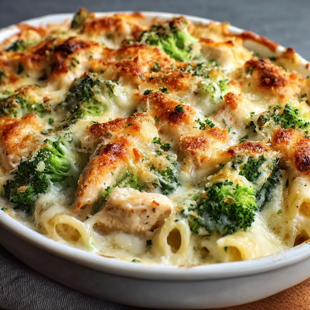 BEST CHICKEN BROCCOLI ALFREDO BAKE 1 Chicken Broccoli Alfredo Bake, a creamy and cheesy casserole, is showcased as the featured image.