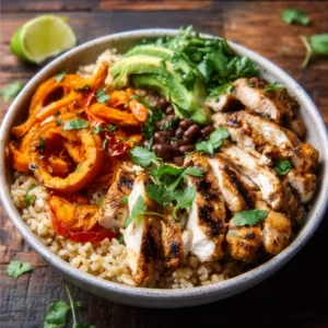 BEST CHICKEN SWEET POTATO RICE BOWL 2 A delicious Chicken Sweet Potato Rice Bowl is featured in this appetizing image.