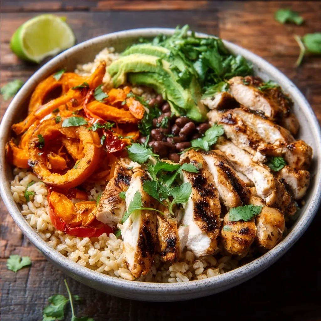 BEST CHICKEN SWEET POTATO RICE BOWL 1 A delicious Chicken Sweet Potato Rice Bowl is featured in this appetizing image.