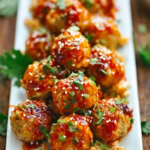 BEST FIRECRACKER CHICKEN MEATBALLS 2 Firecracker Chicken Meatballs featured image shows a close-up of the vibrant, spicy appetizer.