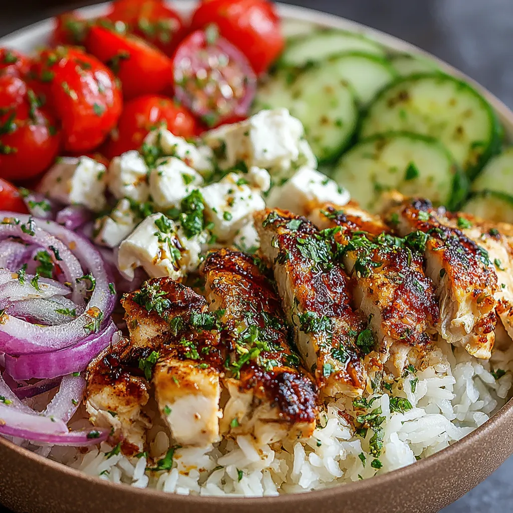 BEST GREEK CHICKEN BOWLS 1 Close-up of delicious and colorful Greek Chicken Bowls, perfect for a healthy and flavorful meal.
