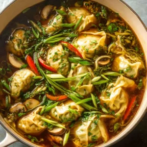 BEST GYOOZA SOUP RECIPE 2 A steaming bowl of Gyoza Soup features plump dumplings and vibrant broth, inviting readers to explore this comforting recipe.