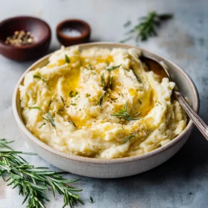 BEST ROSEMARY GARLIC MASHED POTATOES 2 A close-up shot showcases creamy Rosemary Garlic Mashed Potatoes, perfect as a comforting side dish.