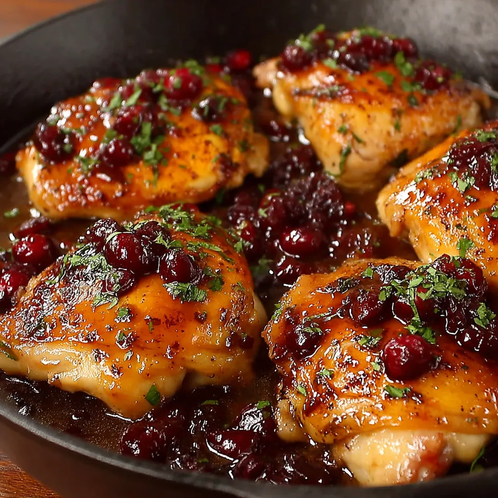 BEST SKILLET CRANBERRY ORANGE CHICKEN 1 Skillet Cranberry Orange Chicken glistens beautifully in a cast iron skillet, showcasing its vibrant colors and tempting glaze as the featured image for the recipe.