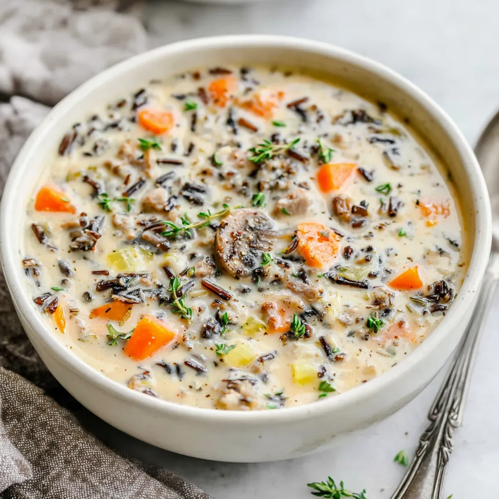 BEST WILD RICE SOUP 1 Creamy Wild Rice Soup served in a rustic bowl, perfect for a comforting meal.