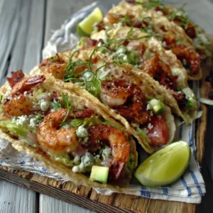 A delicious close-up of Bronzed Shrimp Tacos showcases their golden-brown shrimp, fresh toppings, and flavorful presentation, enticing readers to try the recipe.
