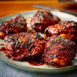 CARAMELIZED BBQ CHICKEN THIGHS IRRESISTIBLE 2 Close-up of juicy Caramelized BBQ Chicken Thighs, perfectly glazed and ready to eat.