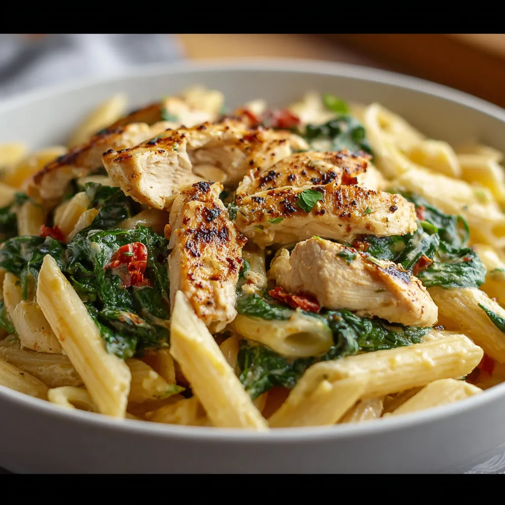 CREAMY CHICKEN SPINACH PENNE ULTIMATE 1 Creamy Chicken Spinach Penne is a delicious pasta dish featuring chicken, spinach, and penne pasta in a creamy sauce.