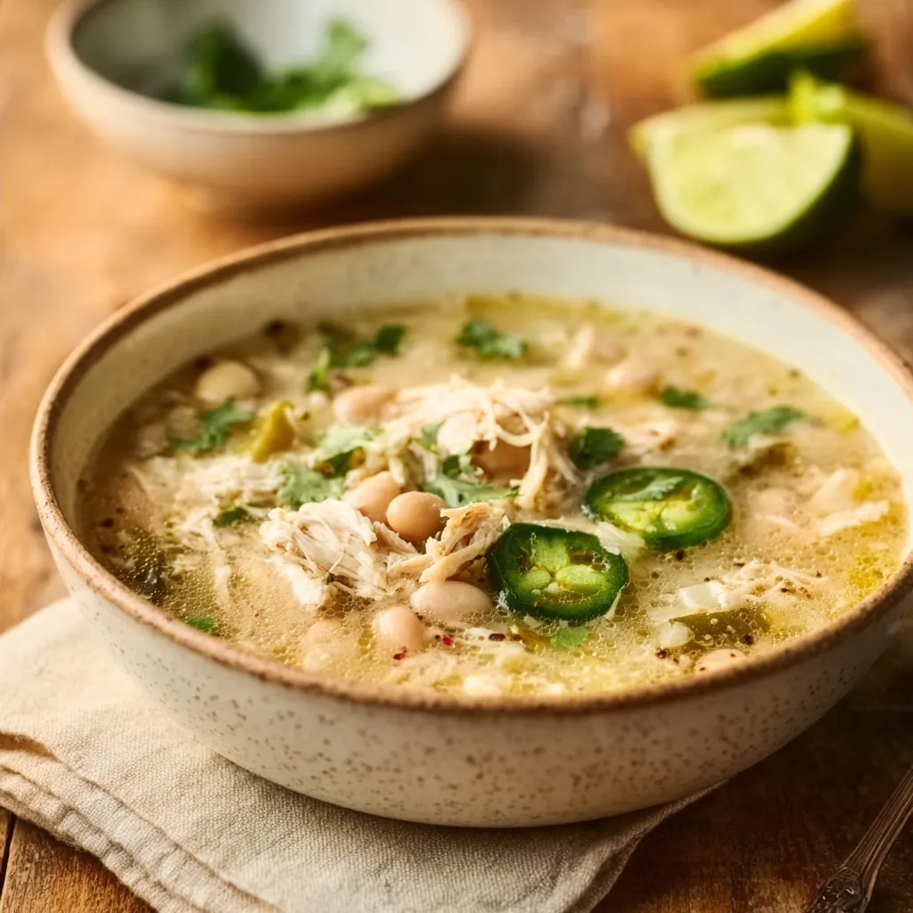 CREAMY KETO WHITE CHICKEN CHILI ULTIMATE 1 Creamy Keto White Chicken Chili served in a white bowl showcases its creamy texture and delicious ingredients.