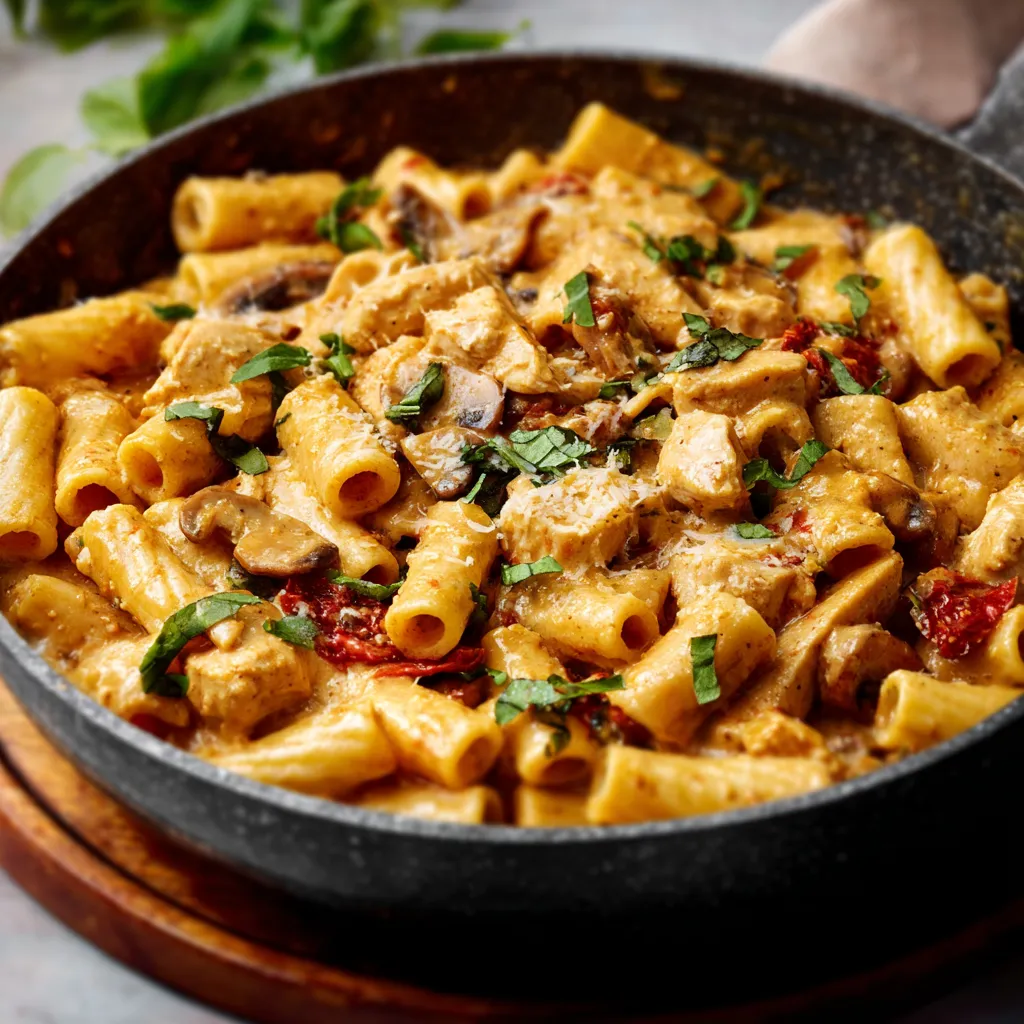 CREAMY TUSCAN CHICKEN PASTA ULTIMATE 1 Creamy Tuscan Chicken Pasta is beautifully displayed in this featured image, showcasing its creamy sauce, tender chicken, and vibrant sun-dried tomatoes.