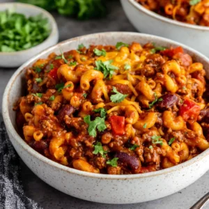 EASY CHEDDAR CHILI MAC 2 A close-up showcases a delicious bowl of Cheddar Chili Mac, perfect for a comforting meal.